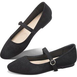 Obtaom Women Black Polyester Round Toe Comfortable Classic Strap Ballet Flat